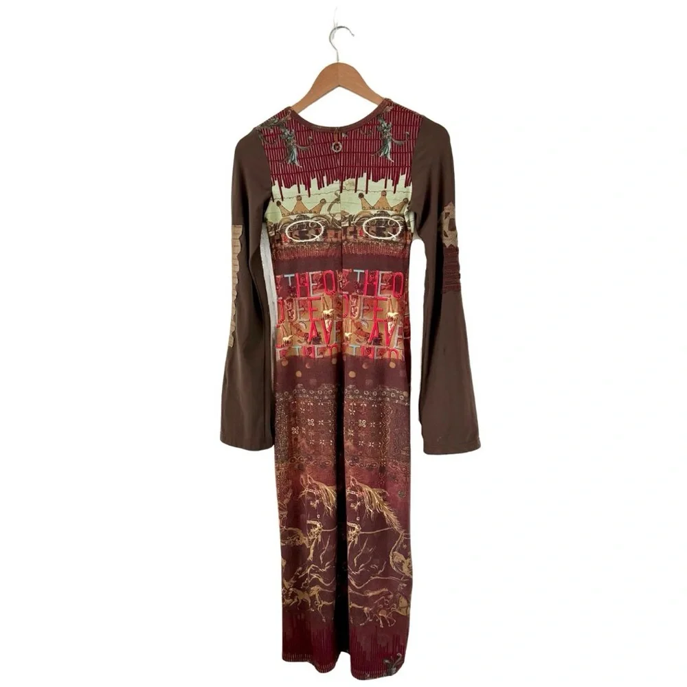 Bohemian Maroon Patchwork Long Sleeve Dress - Picture 3 of 10